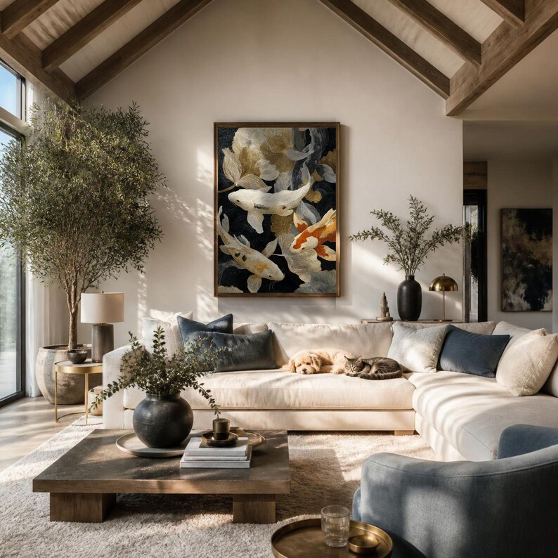 May include: A framed rectangular wall art piece featuring a dark background with white and orange koi fish swimming among abstract gold and grey foliage. The artwork is displayed above a large cream-colored sectional sofa in a living room.