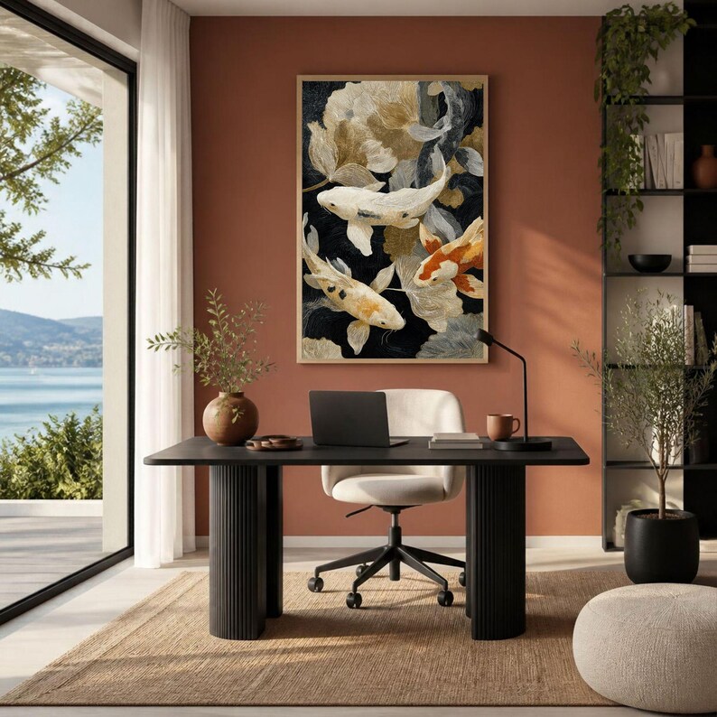 May include: A rectangular wall art piece featuring three koi fish swimming among stylized gold and white floral elements against a dark background, framed in light wood, displayed above a black desk with a laptop and a desk lamp.