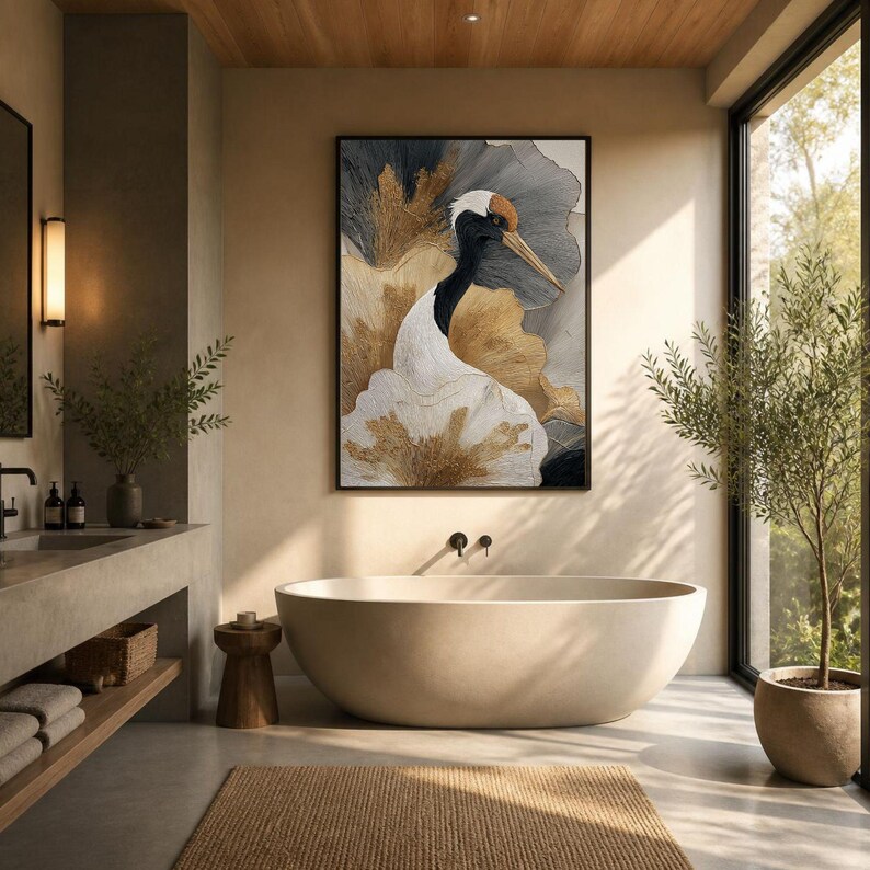 May include: A rectangular wall art print featuring a stylized crane with a white body, black neck, and orange crown, set against a background of textured gold and dark gray abstract shapes, framed in a thin black border.