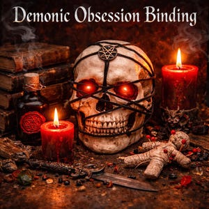 Op de afbeelding: Afbeelding met de tekst "Demonic Obsession Binding". Een schedel met gloeiende rode ogen is omwikkeld met touw, met een pentagram op het voorhoofd. Rode kaarsen, een fles met drank, een voodoopop en een dolk zijn ook aanwezig.