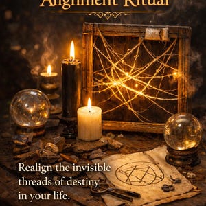 May include: An image promoting a spiritual ritual. The text "Fate Thread Alignment Ritual" is displayed above a wooden frame with glowing threads. Lit candles, a crystal ball, and a scroll with keys are also visible.