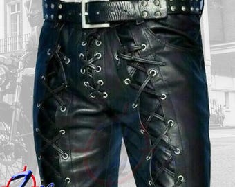 Men's Black Genuine Leather Lace-Up Pants – Biker Rock Trousers