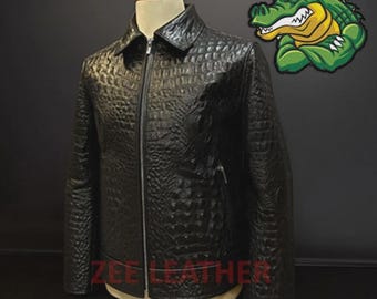 Men's Black Leather Jacket Crocodile Embossed Pattern Alligator Leather