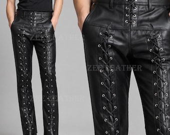 Men's Black Genuine Leather Lace-Up Pants – Biker Rock Trousers