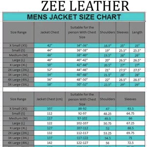 Może przedstawiać: Tabela rozmiar&oacute;w kurtek męskich firmy Zee Leather. Tabela zawiera wymiary klatki piersiowej, ramion, rękaw&oacute;w i długości w cm dla rozmiar&oacute;w od XS do 5XL. Zawiera r&oacute;wnież wymiary klatki piersiowej w cm.
