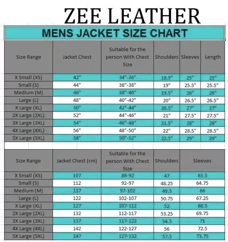 Może przedstawiać: Tabela rozmiar&oacute;w kurtek męskich firmy Zee Leather. Tabela zawiera wymiary klatki piersiowej, ramion, rękaw&oacute;w i długości w cm dla rozmiar&oacute;w od XS do 5XL. Zawiera r&oacute;wnież wymiary klatki piersiowej w cm.
