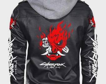Zee Cyberpunk Samurai 2077 Black Leather Jacket With Detachable Hoodie
