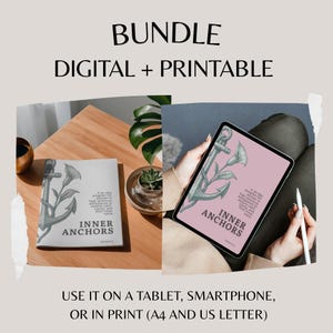 May include: A digital and printable bundle with the text "BUNDLE DIGITAL + PRINTABLE". The image shows a book and a tablet with the words "INNER ANCHORS" and an anchor graphic. The text "USE IT ON A TABLET, SMARTPHONE, OR IN PRINT (A4 AND US LETTER)" is also visible.