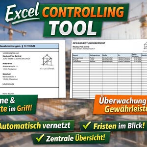 Könnte beinhalten: Ein Bild eines Excel Controlling Tools mit dem Text "Excel CONTROLLING TOOL" in Weiß und Orange. Das Bild enthält zwei Formulare mit Text und einem Logo. Die Formulare sind mit "Bauabnahme gem. § 12 VOB/B" und "GEWÄHRLEISTUNGSÜBERSICHT" beschriftet.
