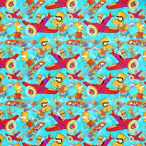May include: A repeating pattern featuring Bart Simpson in various action poses. Bart is depicted with a skateboard, in a red airplane, and wearing a superhero mask and cape. The background is a light blue color.