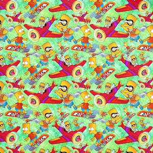 May include: A repeating pattern featuring the character Bart Simpson from The Simpsons cartoon. The design includes Bart on a skateboard with a skull and crossbones, Bart in a red airplane, and Bart in a superhero costume, all on a green background.