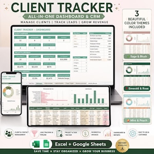 Pode incluir: Um painel digital de rastreamento de clientes e CRM para Excel e Google Sheets. A interface exibe visões gerais de clientes, receitas de projetos, gráficos de serviços e fontes de leads em verde sálvia e branco. Inclui três temas de cores: sálvia e blush, esmeralda e rosa, e menta e pêssego.