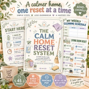 Könnte beinhalten: Eine Sammlung druckbarer Dokumente zur Haushaltsorganisation mit dem Titel The Calm Home Reset System, bestehend aus einem Reinigungsplan, einer Checkliste für das Wohnzimmer und einer Anleitung mit Illustrationen von Reinigungsutensilien.