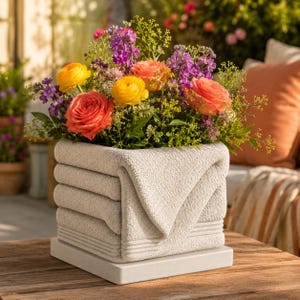 Puede incluir: Una jardinera cuadrada gris claro, llena de un vibrante arreglo floral. La jardinera está diseñada para parecerse a toallas dobladas. Las flores incluyen rosas naranjas, ranúnculos amarillos y flores silvestres moradas.