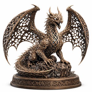 May include: Bronze-colored dragon sculpture with intricate openwork wings and body. The dragon is perched on a rocky base atop a decorative round pedestal. The sculpture features detailed scales, horns, and claws, with its mouth open.
