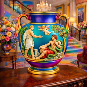 Könnte beinhalten: Eine große, verzierte Vase mit blauem Korpus und goldenen Akzenten. Die Vase zeigt eine Reliefskulptur mit klassischen Figuren, darunter ein Mann mit einer Schlange. Die Griffe sind regenbogenfarben, und die Vase steht auf einem Holztisch.