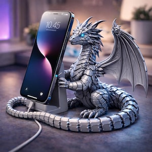 Może przedstawiać: Srebrny stojak na telefon w kształcie smoka z niebieskimi świecącymi oczami i skrzydłami, trzymający czarny smartfon. Telefon wyświetla godzinę 10:45. Stojak ma kabel ładujący podłączony do telefonu.