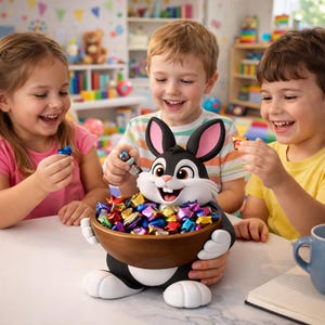 May include: A black and white bunny-shaped candy bowl filled with colorful wrapped candies. Three children are smiling and holding candies. The bunny has large ears with pink insides and a wooden bowl. The children are wearing pink and yellow shirts.