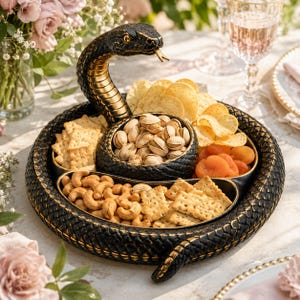 Puede incluir: Una bandeja de servir con forma de serpiente en negro y dorado que presenta una cabeza de cobra elevada y tres compartimentos distintos llenos de varios aperitivos, incluyendo galletas, patatas fritas, pistachos, anacardos y albaricoques secos.