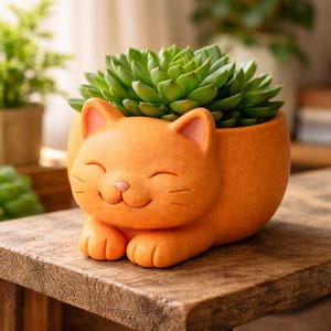 Pode incluir: Um vaso de cerâmica laranja em forma de gato sorridente, com uma planta suculenta verde. O vaso tem um acabamento liso e está sobre uma superfície de madeira. As orelhas e o nariz do gato são de um tom laranja mais claro.