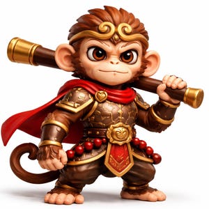 May include: A detailed figurine of a monkey warrior, featuring brown fur, a red cape, and ornate armor. The monkey holds a brown and gold staff, with a determined expression. The figure is a collectible item.