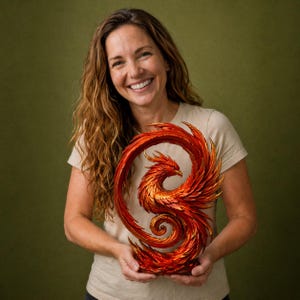 Puede incluir: Una escultura detallada de un fénix en tonos rojos, naranjas y dorados. El ave mítica se representa con las alas extendidas y un cuerpo curvado. La escultura es sostenida por una persona.