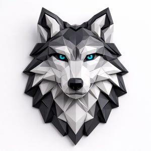 May include: A geometric wolf head sculpture with a striking design. The sculpture features a combination of black, gray, and white triangular shapes. The wolf has piercing blue eyes, creating a captivating focal point. This piece is ideal for wall decor.