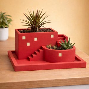 Puede incluir: Una jardinera roja de estilo arquitectónico con base cuadrada y múltiples niveles. La jardinera presenta una sección cuadrada con una planta, una sección circular con una planta y pequeñas escaleras. La jardinera tiene detalles cuadrados de color crema.