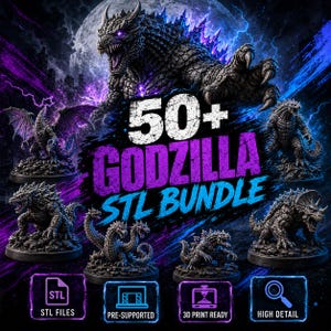 Könnte beinhalten: Eine digitale Grafik mit einem großen Monster mit violetten leuchtenden Akzenten und dem Text 50+ GODZILLA STL BUNDLE. Das Bild zeigt mehrere detaillierte Monsterfiguren auf runden Sockeln sowie Symbole für STL-Dateien, vorunterstützte Modelle, 3D-Druckbereitschaft und hohe Detailgenauigkeit.
