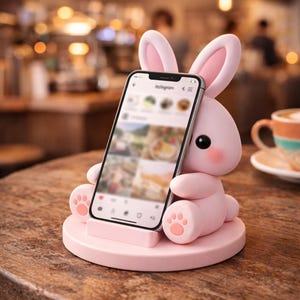 Puede incluir: Un soporte para teléfono con forma de conejo rosa que sostiene un teléfono inteligente. El soporte tiene una base redonda y presenta las orejas, la cara y las patas del conejo. El teléfono muestra un feed de Instagram. El soporte está sobre una superficie de madera.