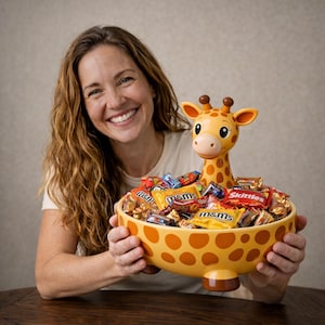 Könnte beinhalten: Eine gelbe, giraffe-förmige Süßigkeitenschale, gefüllt mit verschiedenen verpackten Süßigkeiten. Die Schale hat eine runde Form mit braunen Punkten und einem Giraffenkopf oben. Die Schale wird von einer Person gehalten.
