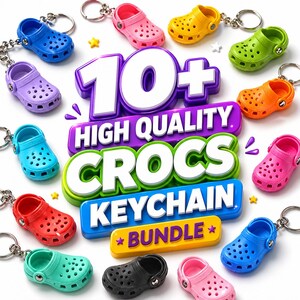 May include: A collection of miniature clog-style keychains in various colours including blue, purple, pink, yellow, green, orange, red, teal, and black, surrounding text that reads 10+ HIGH QUALITY CROCS KEYCHAIN BUNDLE with small star accents.