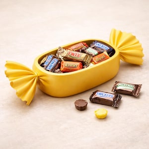 May include: A yellow candy-shaped container filled with various wrapped chocolate candies, including Snickers, Twix, and Reese's. Several individual candies are scattered around the container, with a yellow candy wrapper.