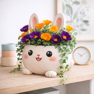 May include: A whimsical bunny-shaped planter filled with vibrant orange and purple flowers and trailing green vines. The off-white ceramic planter has large black eyes, pink cheeks, and bunny ears. A gold-rimmed clock sits nearby.