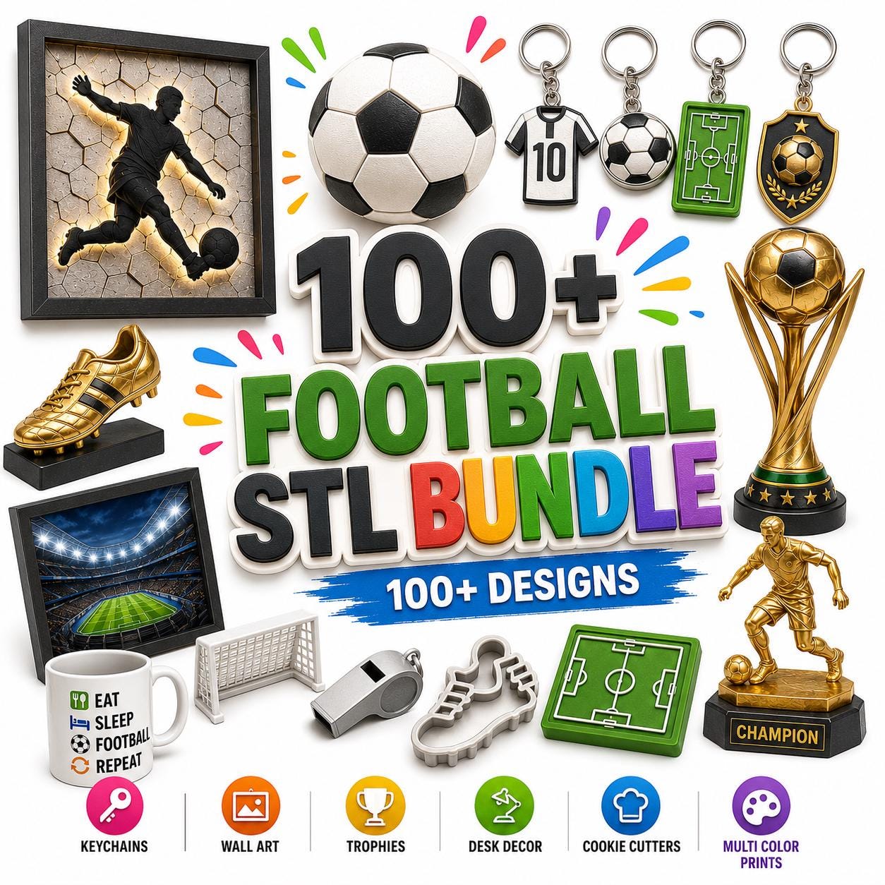 Stl File Sports 100+ Football STL Bundle | 3D Print Files for Keychains, Trophies ...