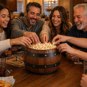 Könnte beinhalten: Eine holzfassförmige Schüssel, gefüllt mit Popcorn. Die Schüssel hat schwarze Metallbänder und wird von Menschen umgeben, die nach dem Popcorn greifen. Ein Brettspiel ist auf dem Tisch zu sehen.