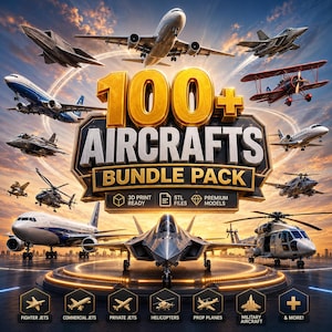 Könnte beinhalten: Eine digitale Grafik mit dem Titel 100+ AIRCRAFTS BUNDLE PACK, die verschiedene 3D-Modelle von Verkehrsflugzeugen, Kampfjets, Hubschraubern und Propellerflugzeugen zeigt, die um ein goldenes Emblem vor einem Sonnenuntergangshimmel angeordnet sind.