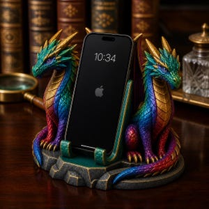 Puede incluir: Un soporte para teléfono con forma de dragón, sosteniendo un smartphone que muestra las 10:34. El dragón está pintado con colores vibrantes de verde, azul, morado y dorado. El soporte es de un material similar a la piedra y está diseñado para sostener un teléfono.