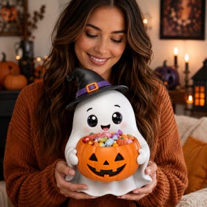 May include: A white ghost figurine wearing a black witch hat with a purple band and orange buckle. The ghost has large black eyes and a smiling mouth, and it is holding an orange jack-o'-lantern pumpkin bowl filled with assorted colorful candies.