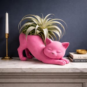 May include: A pink cat-shaped planter with a plant inside. The cat is in a stretching pose with its eyes closed. The planter is on a marble surface, with a gold candle holder and a small gold bowl in the background.