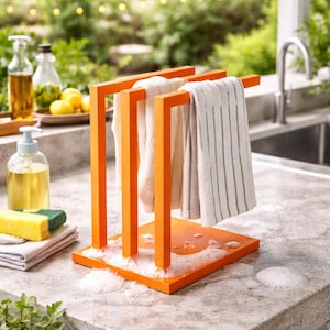 May include: An orange wooden towel rack with three bars, holding white and striped towels. The rack sits on a countertop with soap suds. Kitchen accessories, including a soap dispenser and sponges, are visible in the background.