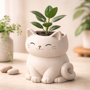 Op de afbeelding: Een crèmekleurige katvormige plantenbak met een lachend gezicht, met een kleine groene plant. De plantenbak heeft een afgerond lichaam, oren en een gekrulde staart. De plant heeft verschillende groene bladeren.