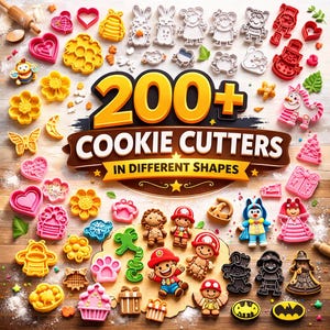 May include: A collection of over 200 cookie cutters in various shapes, including hearts, flowers, animals, and characters. The cutters are in a variety of colors, including pink, yellow, and white. The image includes the text "200+ Cookie Cutters in Different Shapes."