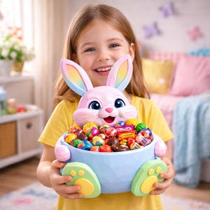 May include: A light blue Easter bunny-shaped candy holder filled with colorful Easter eggs and wrapped candies. The bunny has pink ears with rainbow accents, blue eyes, and a smiling face. The holder is held by a person wearing a yellow shirt.