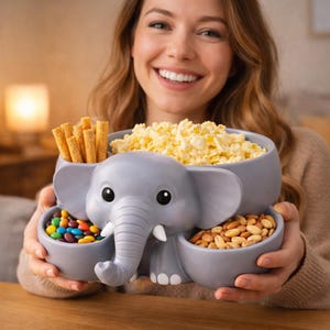 Könnte beinhalten: Ein grauer, elefantenförmiger Snack-Servierer mit drei Fächern, die mit Snacks gefüllt sind. Der Servierer enthält Popcorn, Brezeln, Nüsse und bunte Süßigkeiten. Der Elefant hat große Ohren, einen Rüssel und weiße Stoßzähne.