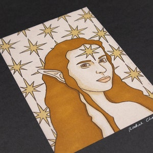 May include: A digital illustration of a person with long brown hair and pointed ears. The person has a star-shaped mark on their forehead. The background is a pattern of gold stars on a white background. The image is signed "Rachel Chang '23".