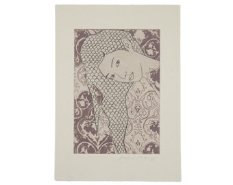 Mermaid Lover Gift, original intaglio print, girly fantasy artwork, whimsical teen girl room decor, surreal dreamy fairy tale aesthetic