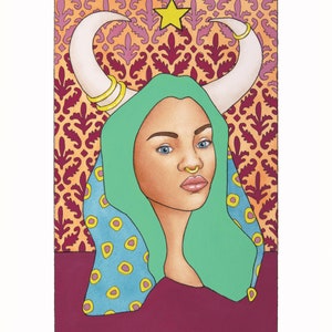 EMIRA Print, zodiac goddess gift for taurus, mythical creature, minotaur babe, fantasy mythology woman art print, colorful weird artwork