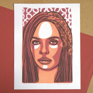 Bold Pop Art Print, modern graphic aesthetic teen bedroom decor, funky woman colorful portrait moody terra cotta wall art, original monotype