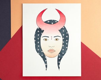 Sci fi Crescent Moon Goddess, celestial witchy wall art decor, alien devil woman mystical fantasy empress, original watercolor painting